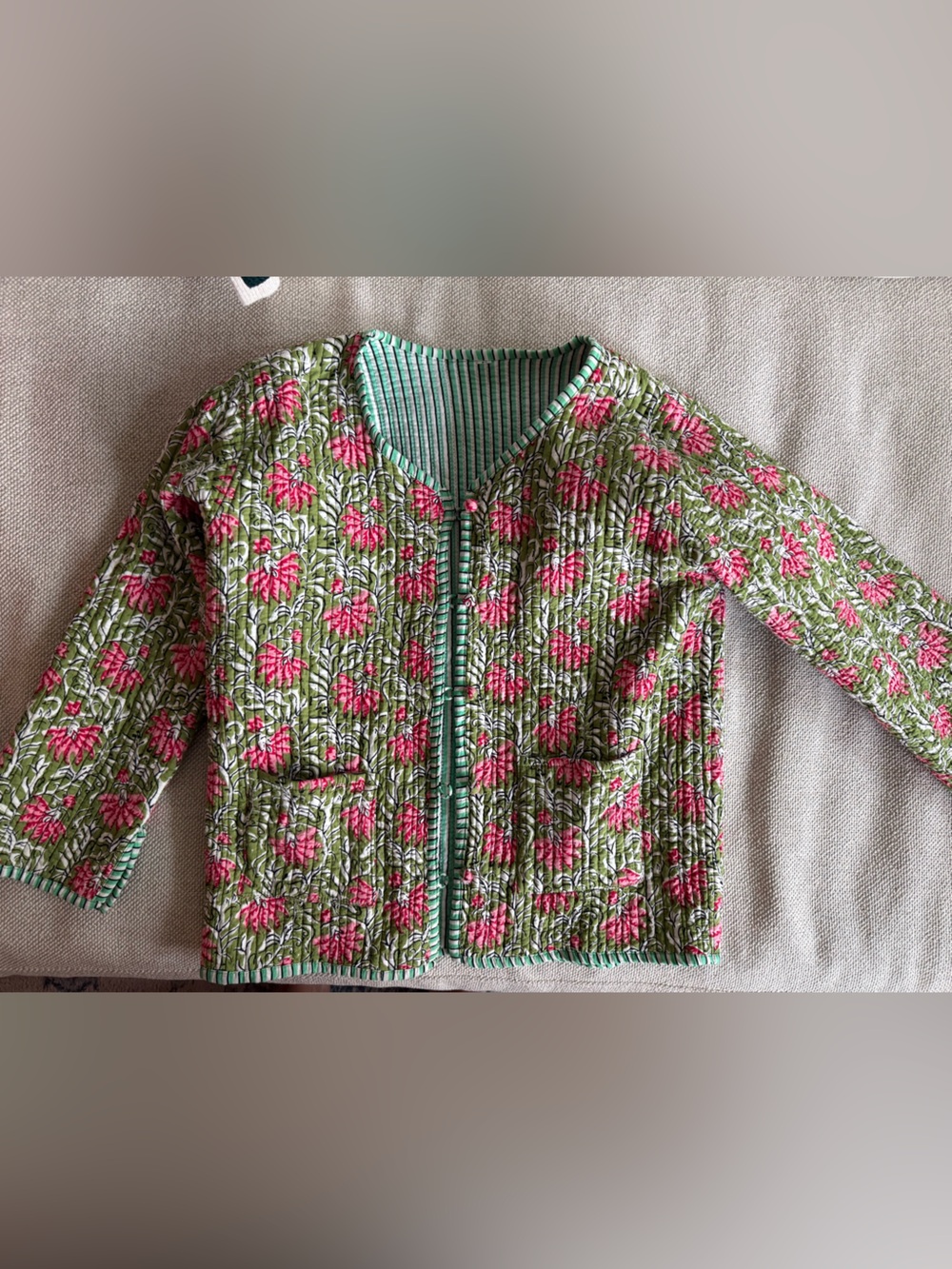 Green & Pink Floral Quilted Kids Jacket